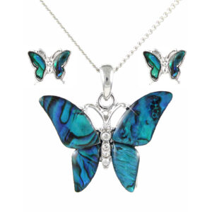 Paua shell butterfly pendant and studs matching set