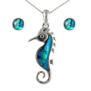 Paua shell seahorse pendant and round studs set