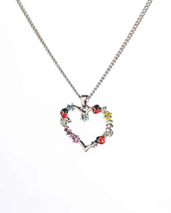 Rhodium heart and ladybirds pendant