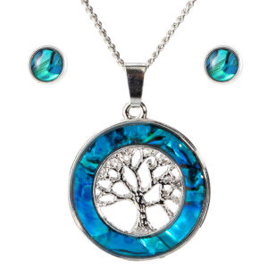Paua shell tree of life pendant and round studs set